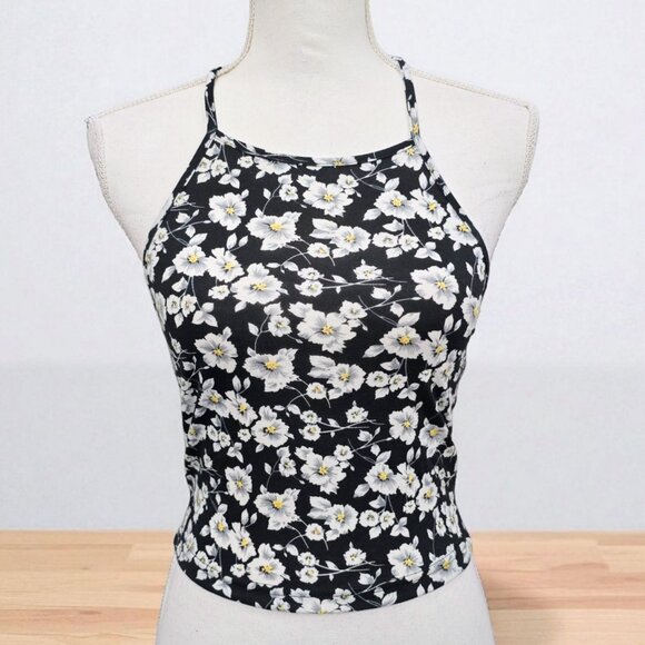 Floral Halter Neck Tank Top – Black & White Print, Tie-Back, Stretch Fit S - Picture 2 of 8